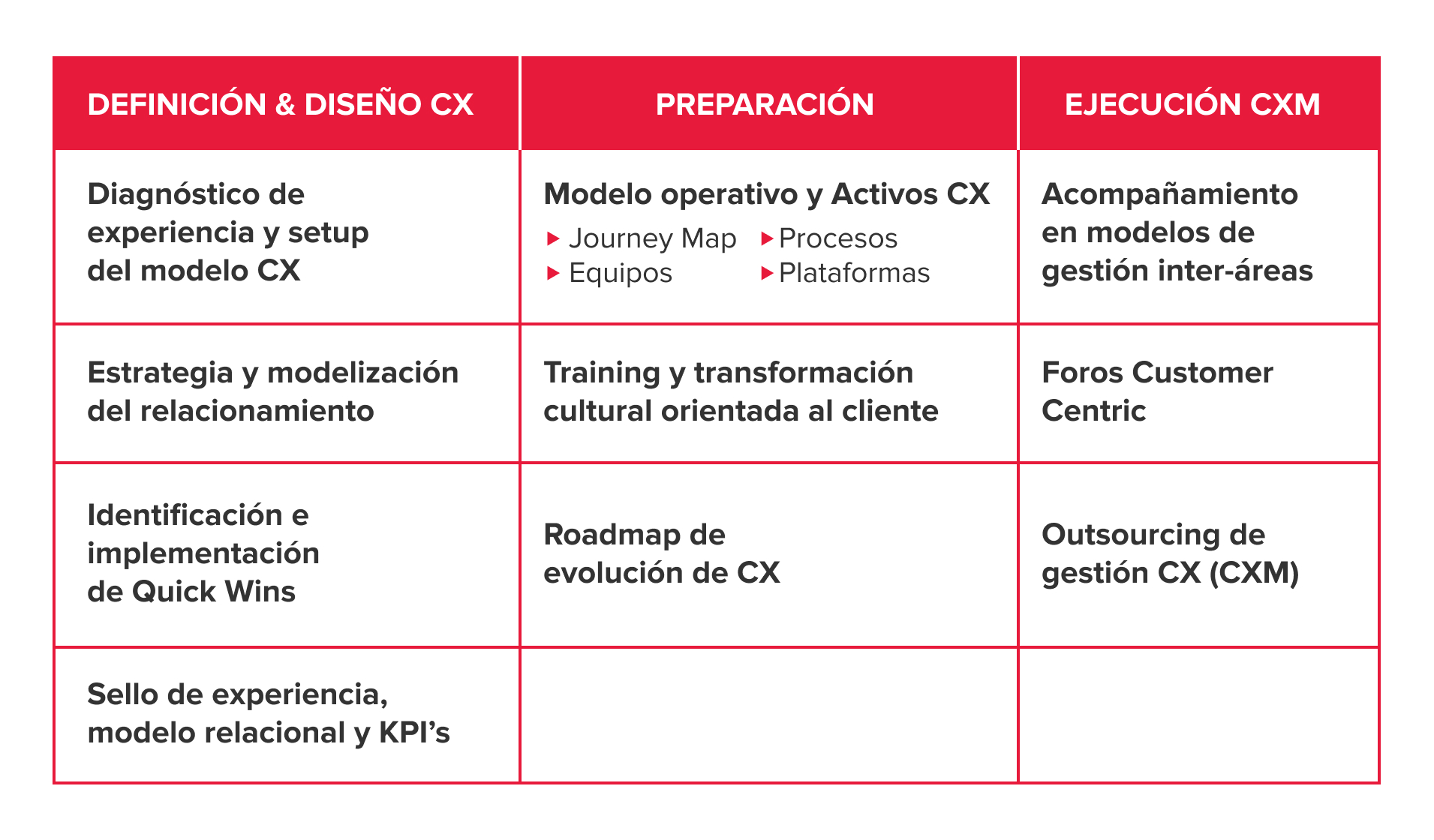 Cuadro de servicios que integra la oferta de CX BDO en Argentina